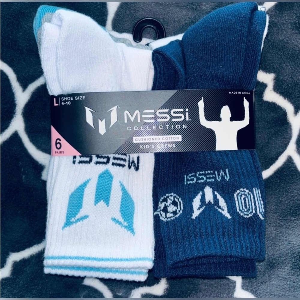 Messi Gender-Neutral Crew Socks 6-Pack for Kids | LG Shoe Size: (4-10)